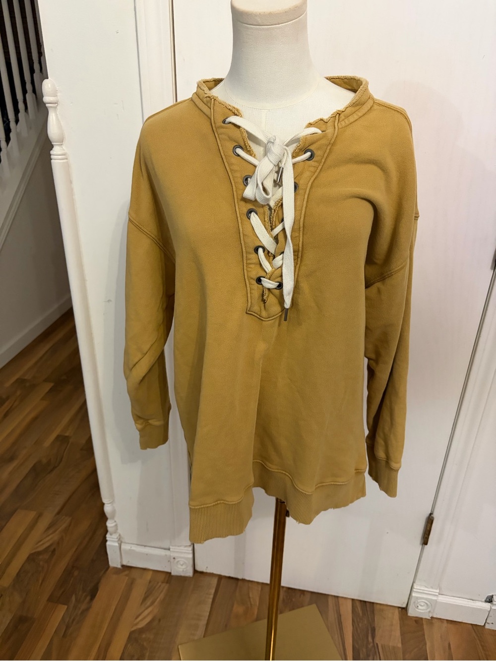 aerie Lace-Up Pullover Sweatshirt Orche / Mustard, Oversized Small